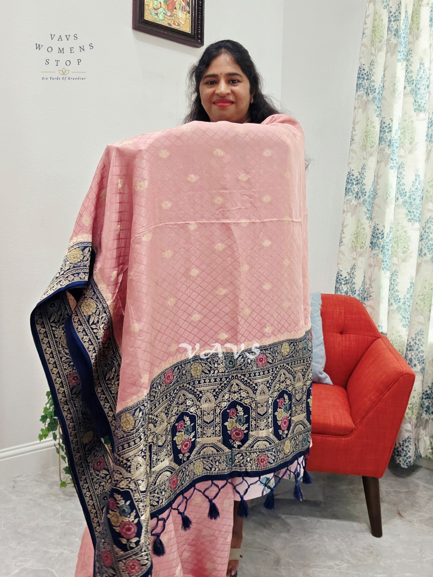 Blush Rose Pink Pure Munga Crepe Silk Saree with Midnight Navy Floral Border & Stitched Blouse Size 42, Extendable to 48