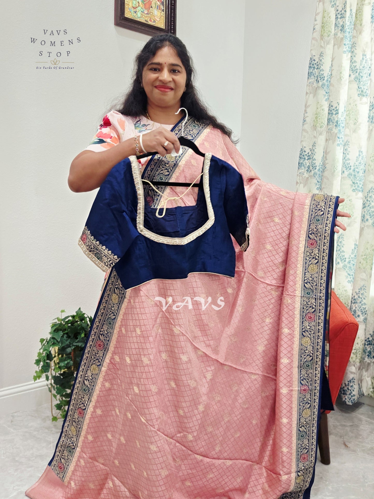 Blush Rose Pink Pure Munga Crepe Silk Saree with Midnight Navy Floral Border & Stitched Blouse Size 42, Extendable to 48