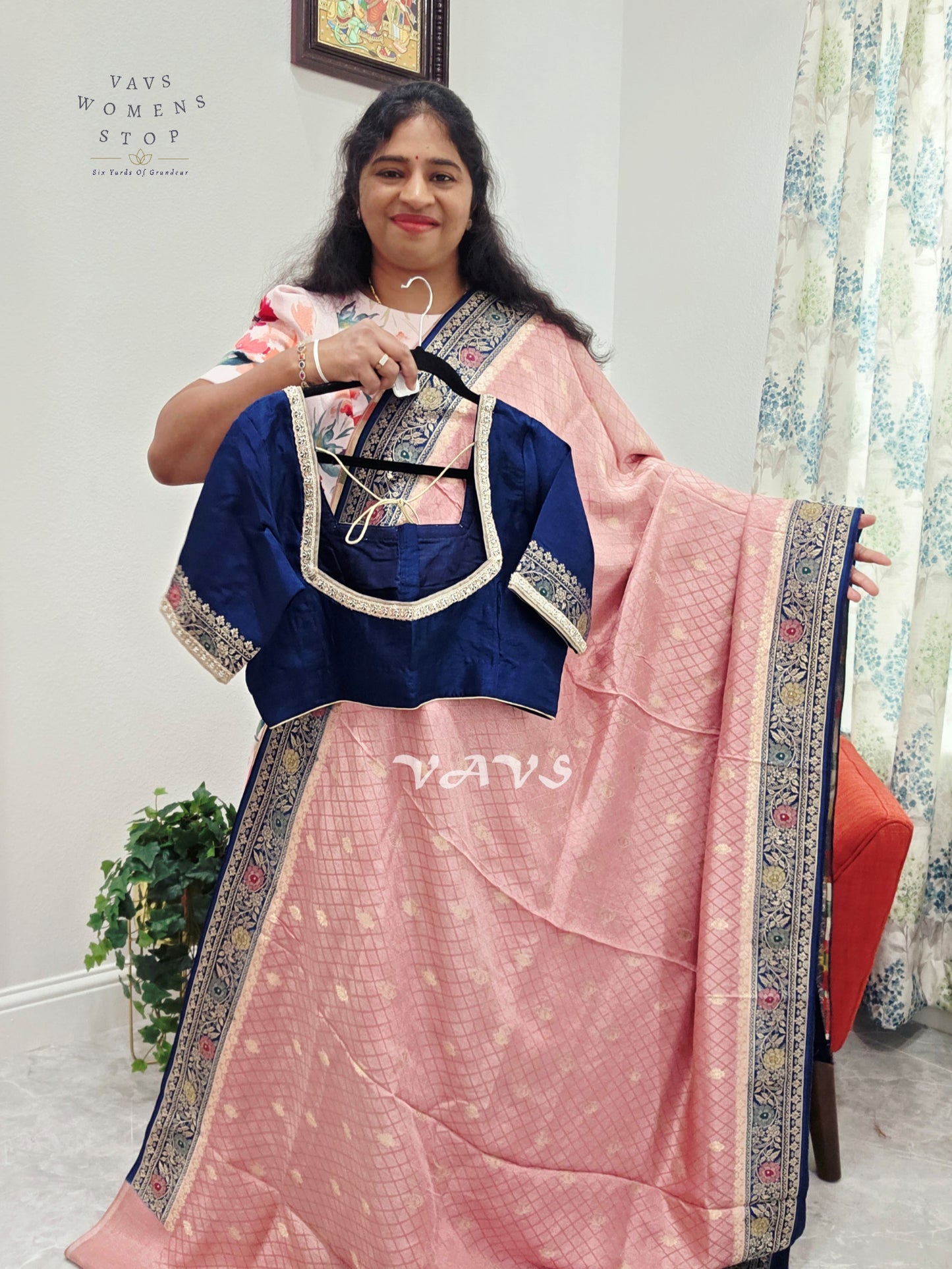 Blush Rose Pink Pure Munga Crepe Silk Saree with Midnight Navy Floral Border & Stitched Blouse Size 42, Extendable to 48