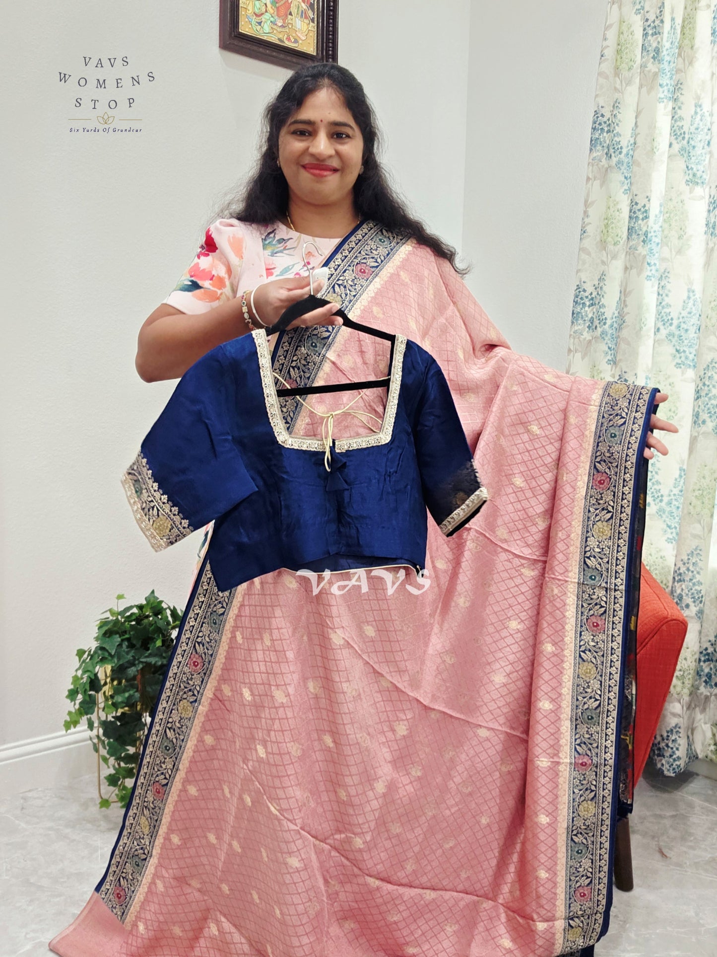 Blush Rose Pink Pure Munga Crepe Silk Saree with Midnight Navy Floral Border & Stitched Blouse Size 42, Extendable to 48