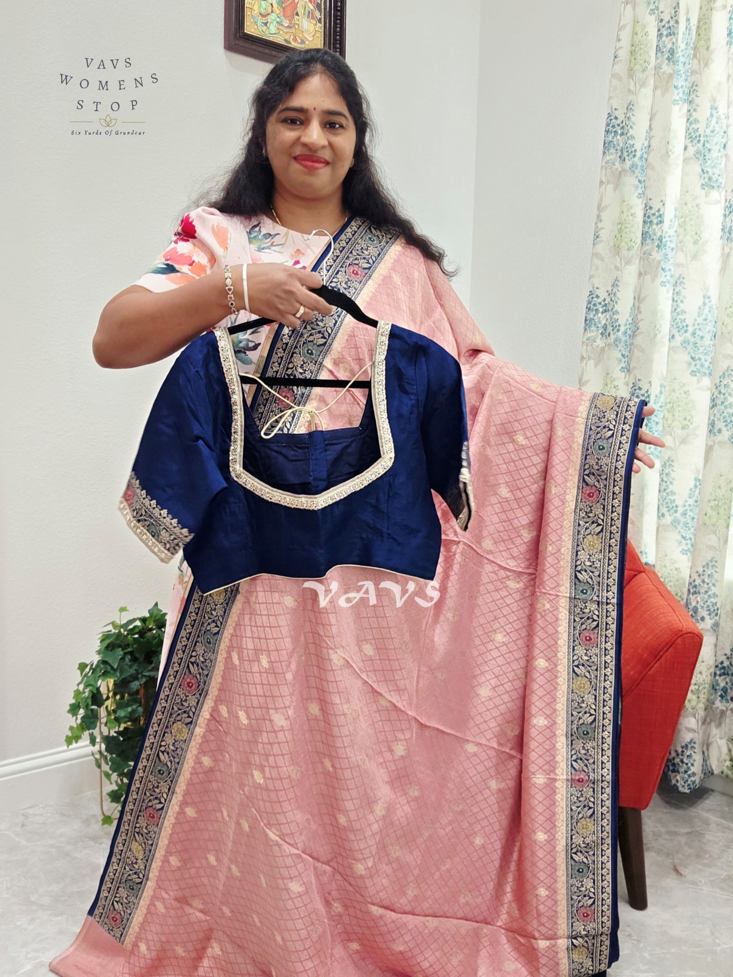Blush Rose Pink Pure Munga Crepe Silk Saree with Midnight Navy Floral Border & Stitched Blouse Size 42, Extendable to 48
