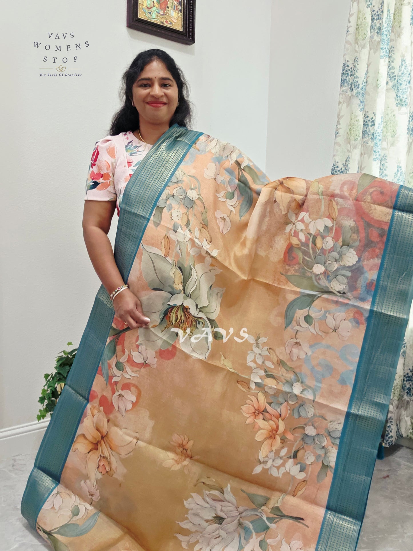 Champagne Peach Floral Print Soft Tissue Cotton Style Saree with Peacock Teal Border & Stepped Puff Blouse Size 36, Extendable to 42