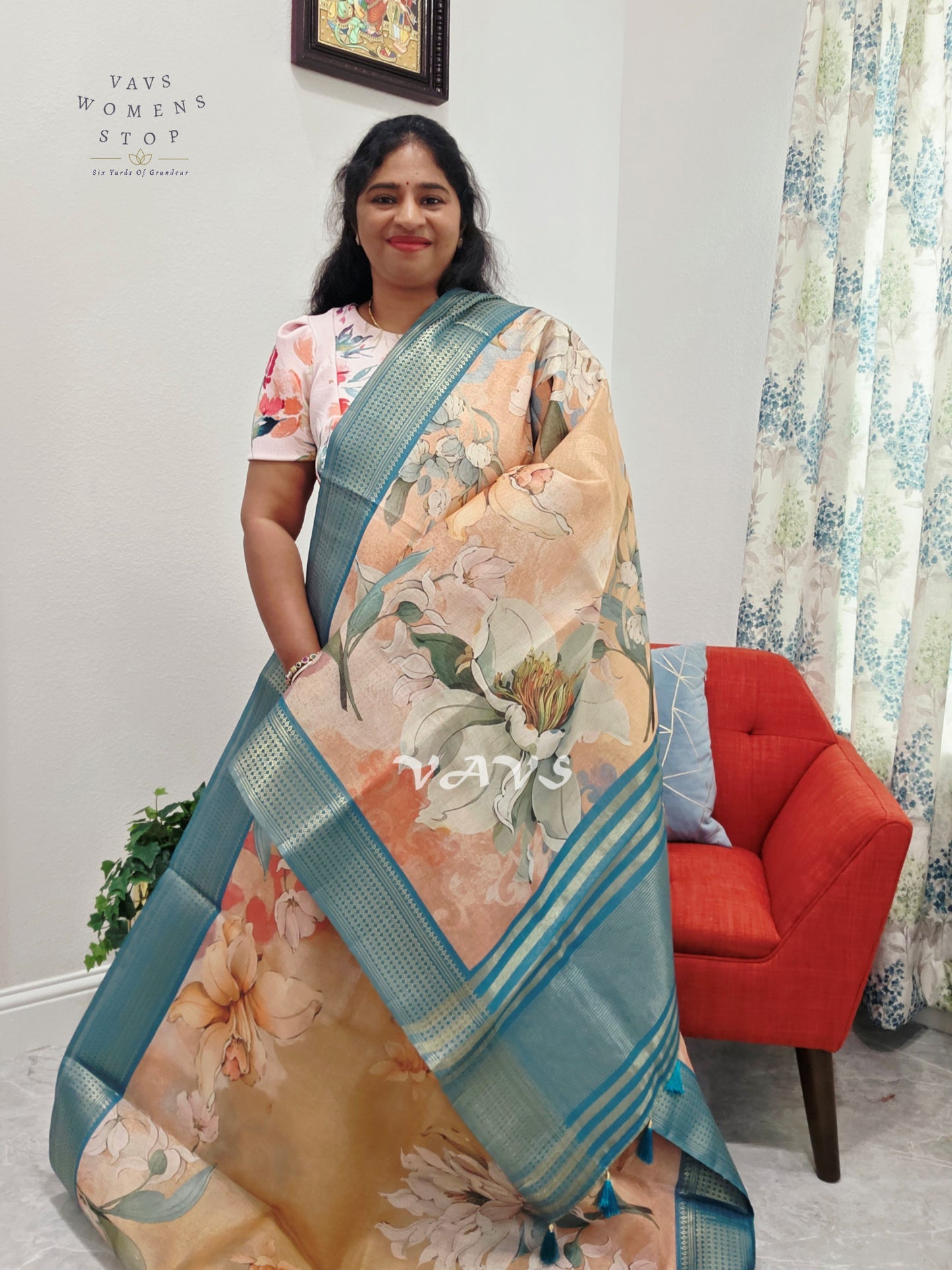 Champagne Peach Floral Print Soft Tissue Cotton Style Saree with Peacock Teal Border & Stepped Puff Blouse Size 36, Extendable to 42