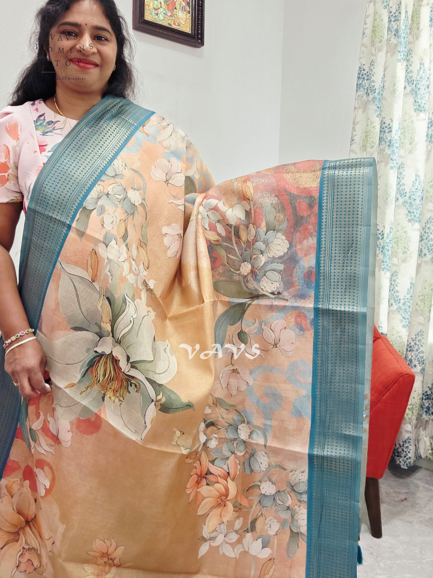 Champagne Peach Floral Print Soft Tissue Cotton Style Saree with Peacock Teal Border & Stepped Puff Blouse Size 36, Extendable to 42