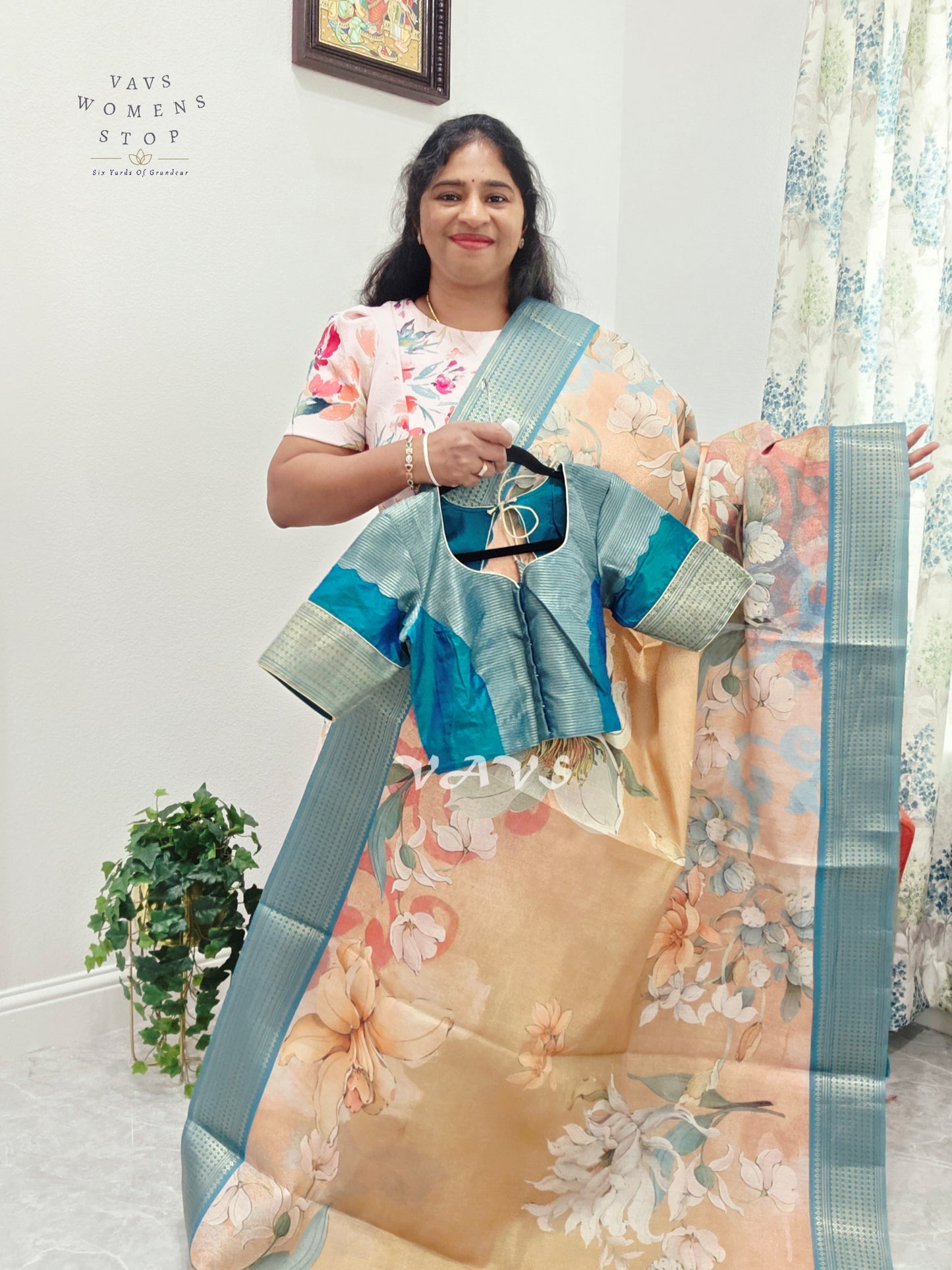 Champagne Peach Floral Print Soft Tissue Cotton Style Saree with Peacock Teal Border & Stepped Puff Blouse Size 36, Extendable to 42