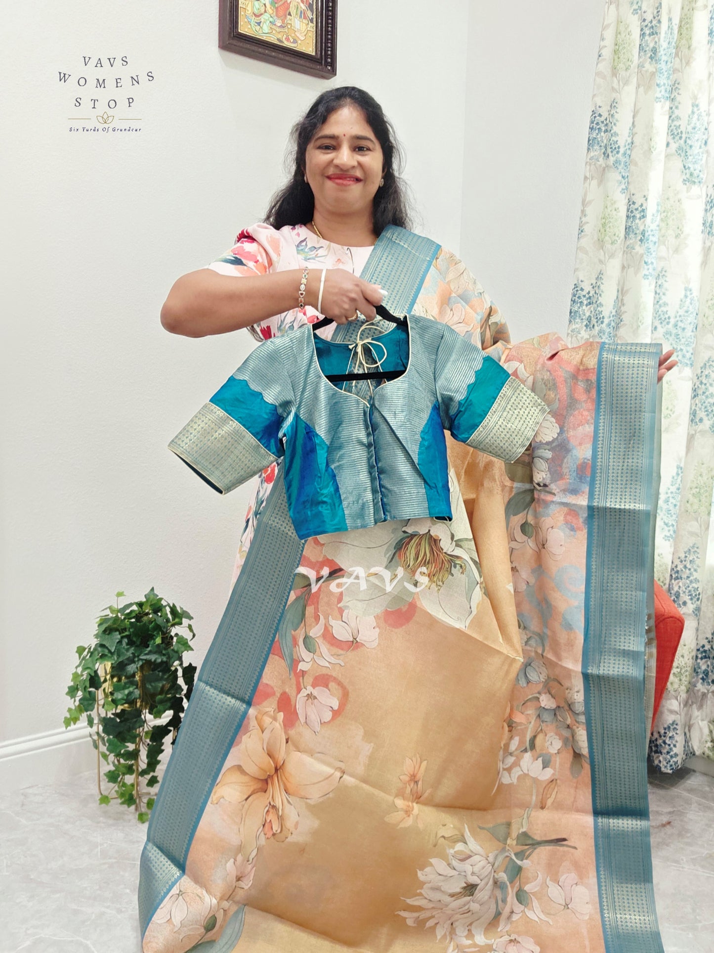 Champagne Peach Floral Print Soft Tissue Cotton Style Saree with Peacock Teal Border & Stepped Puff Blouse Size 36, Extendable to 42
