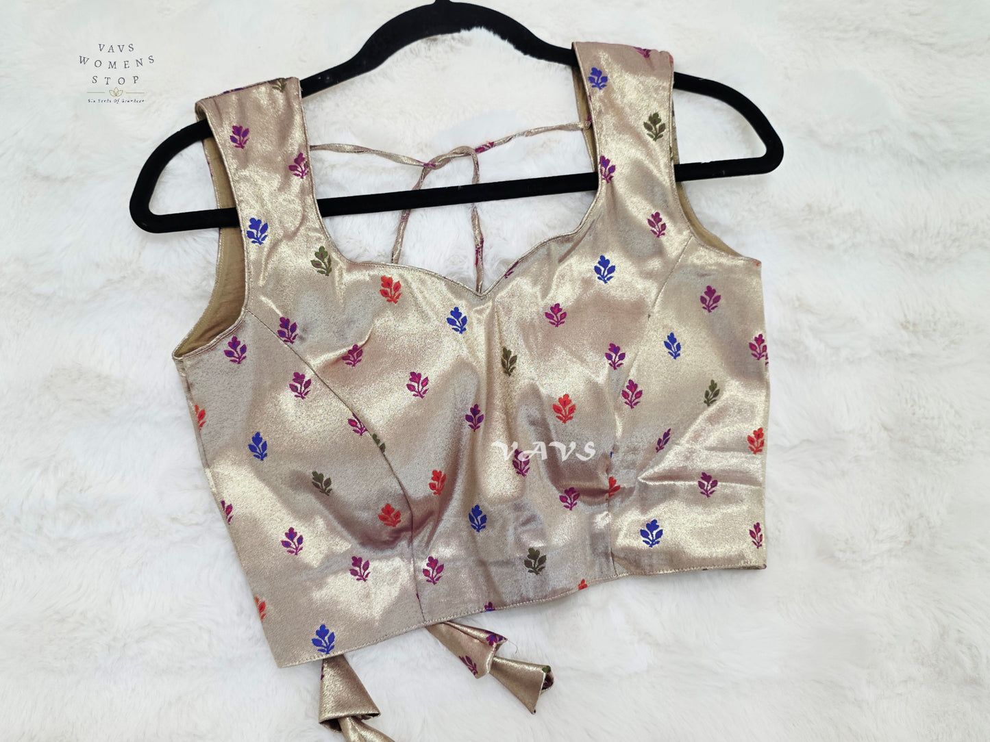 Champagne Gold Tissue Banarasi Sleeveless Blouse | Size 34–40