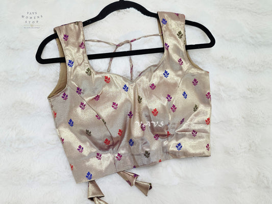 Champagne Gold Tissue Banarasi Sleeveless Blouse | Size 34–40