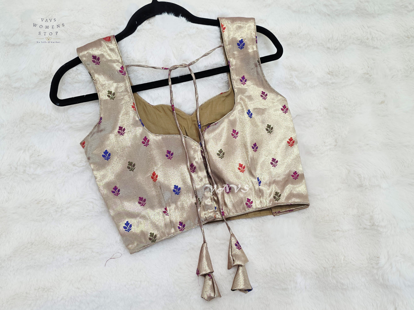 Champagne Gold Tissue Banarasi Sleeveless Blouse | Size 34–40