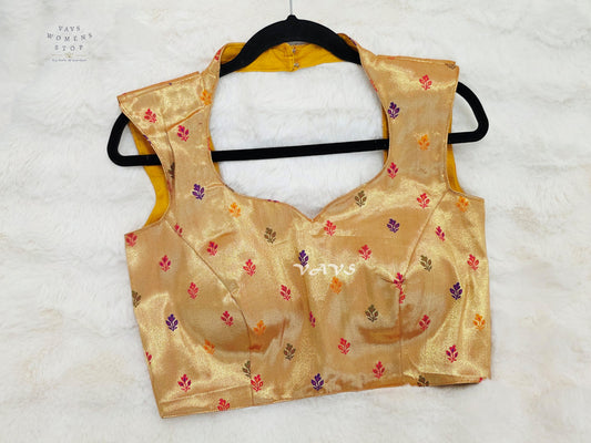 Champagne Gold Tissue Banarasi Sleeveless Blouse | Size 36–42