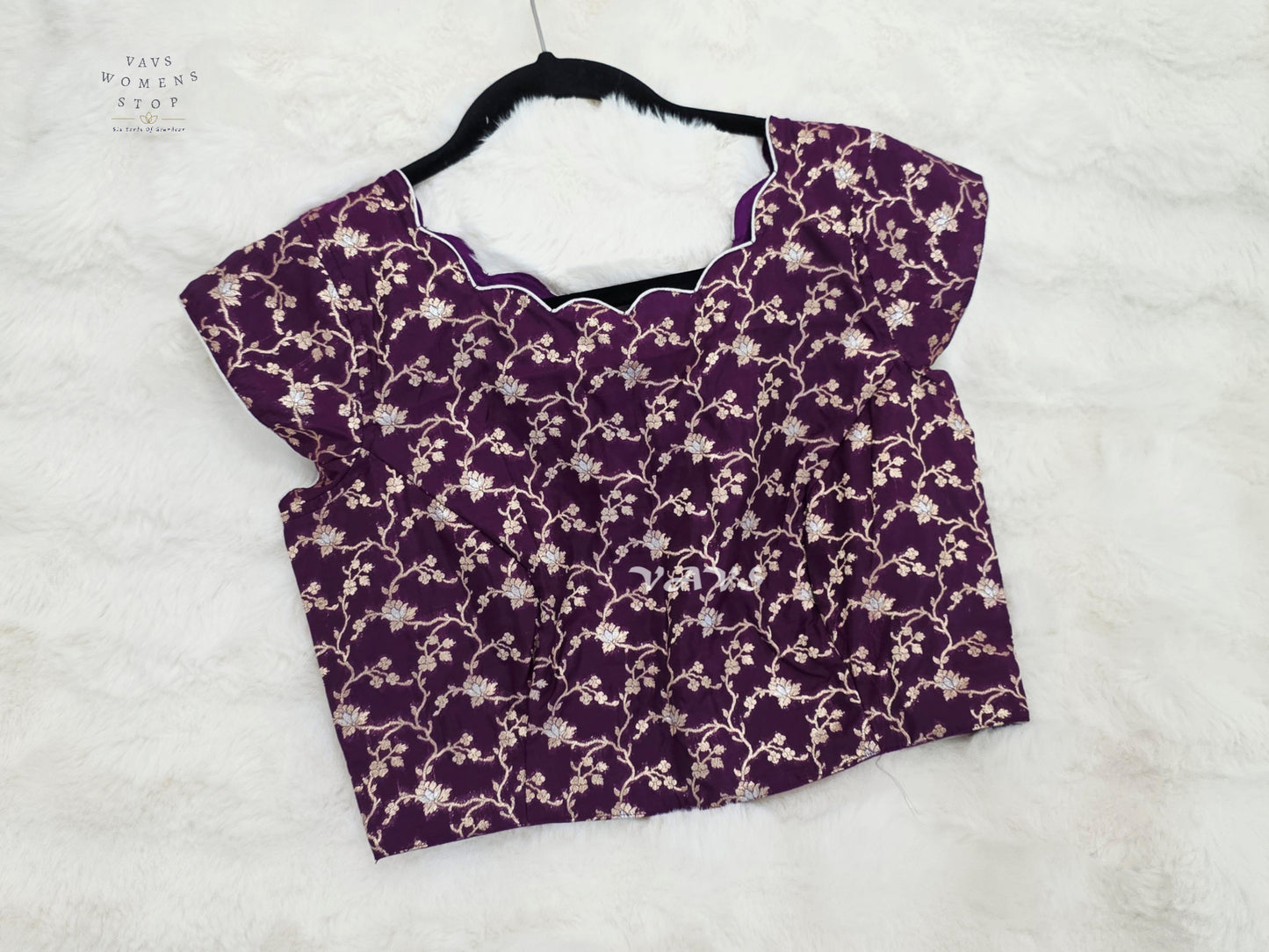 Royal Aubergine Banarasi Floral Scallop Blouse | Size 36–42