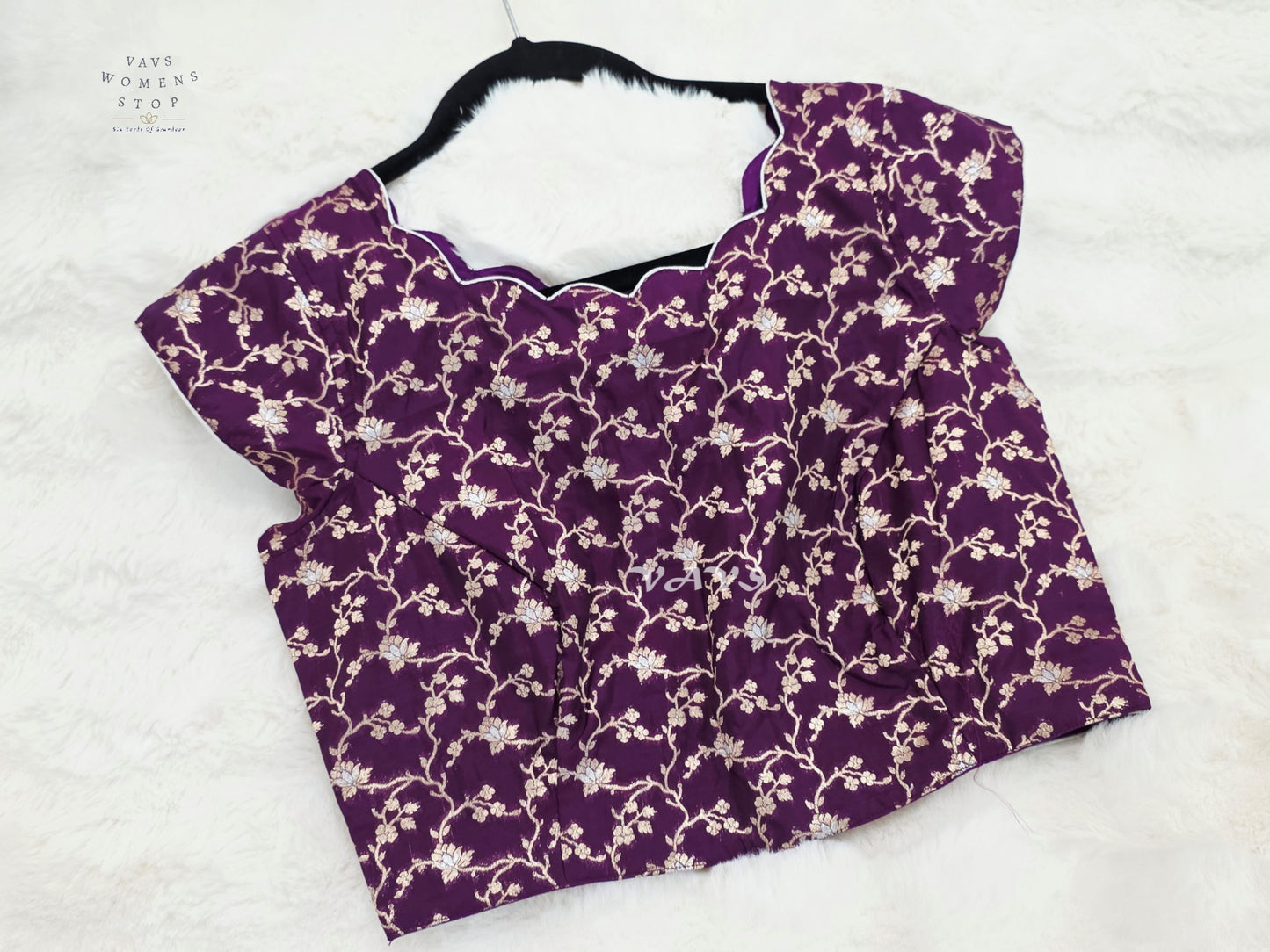 Royal Aubergine Banarasi Floral Scallop Blouse | Size 36–42