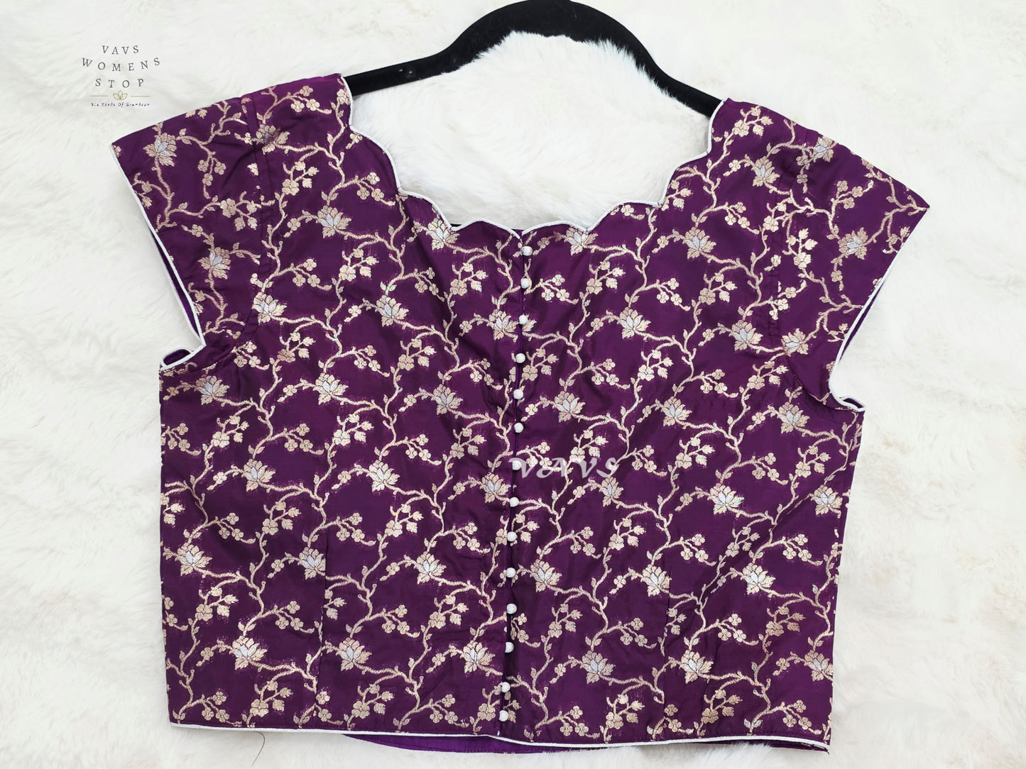 Royal Aubergine Banarasi Floral Scallop Blouse | Size 36–42