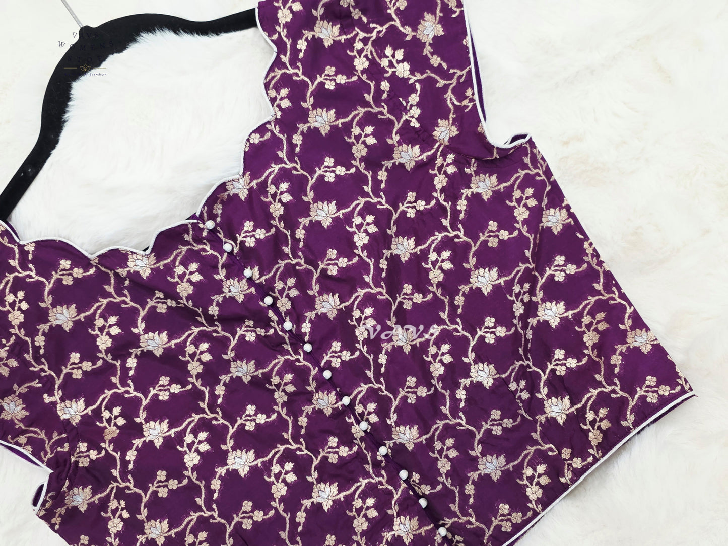 Royal Aubergine Banarasi Floral Scallop Blouse | Size 36–42