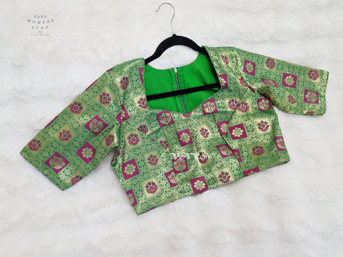Emerald Green Banarasi Brocade Floral Blouse | Size 40–46