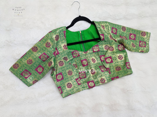 Emerald Green Banarasi Brocade Floral Blouse | Size 40–46