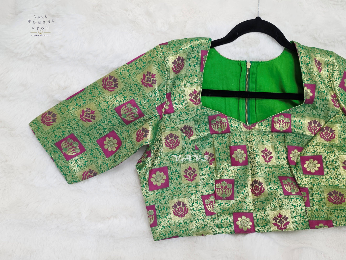 Emerald Green Banarasi Brocade Floral Blouse | Size 40–46