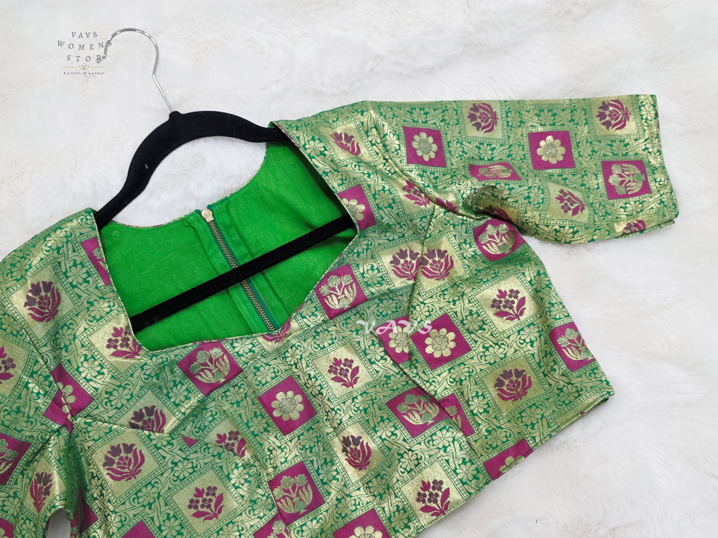 Emerald Green Banarasi Brocade Floral Blouse | Size 40–46