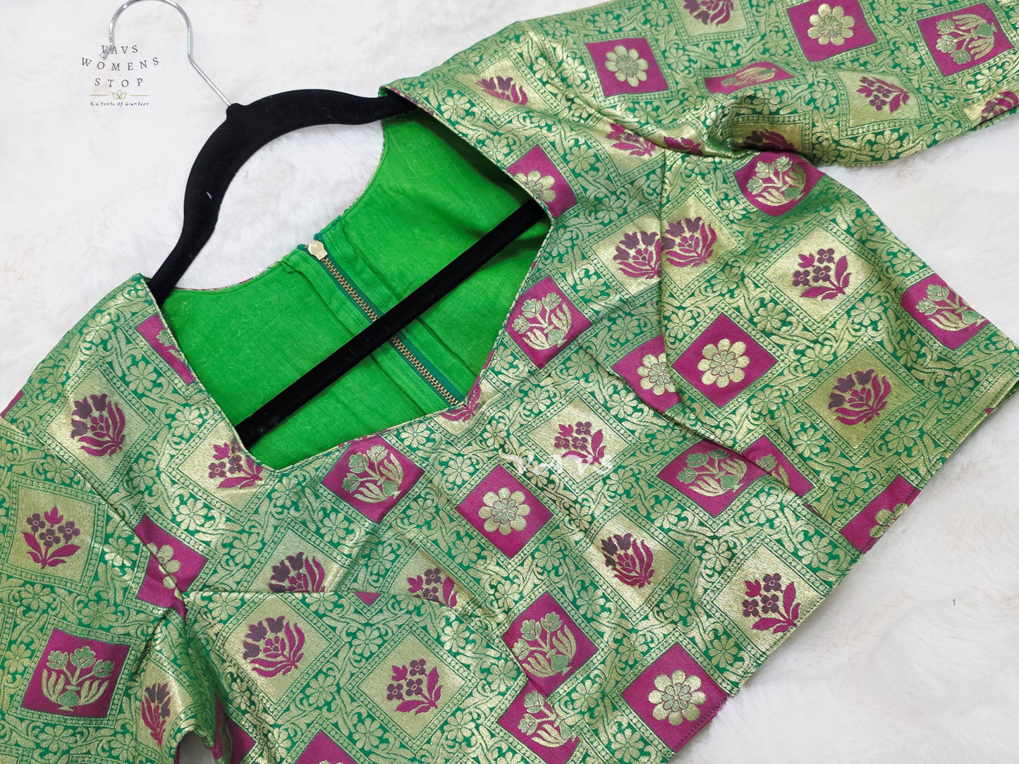 Emerald Green Banarasi Brocade Floral Blouse | Size 40–46