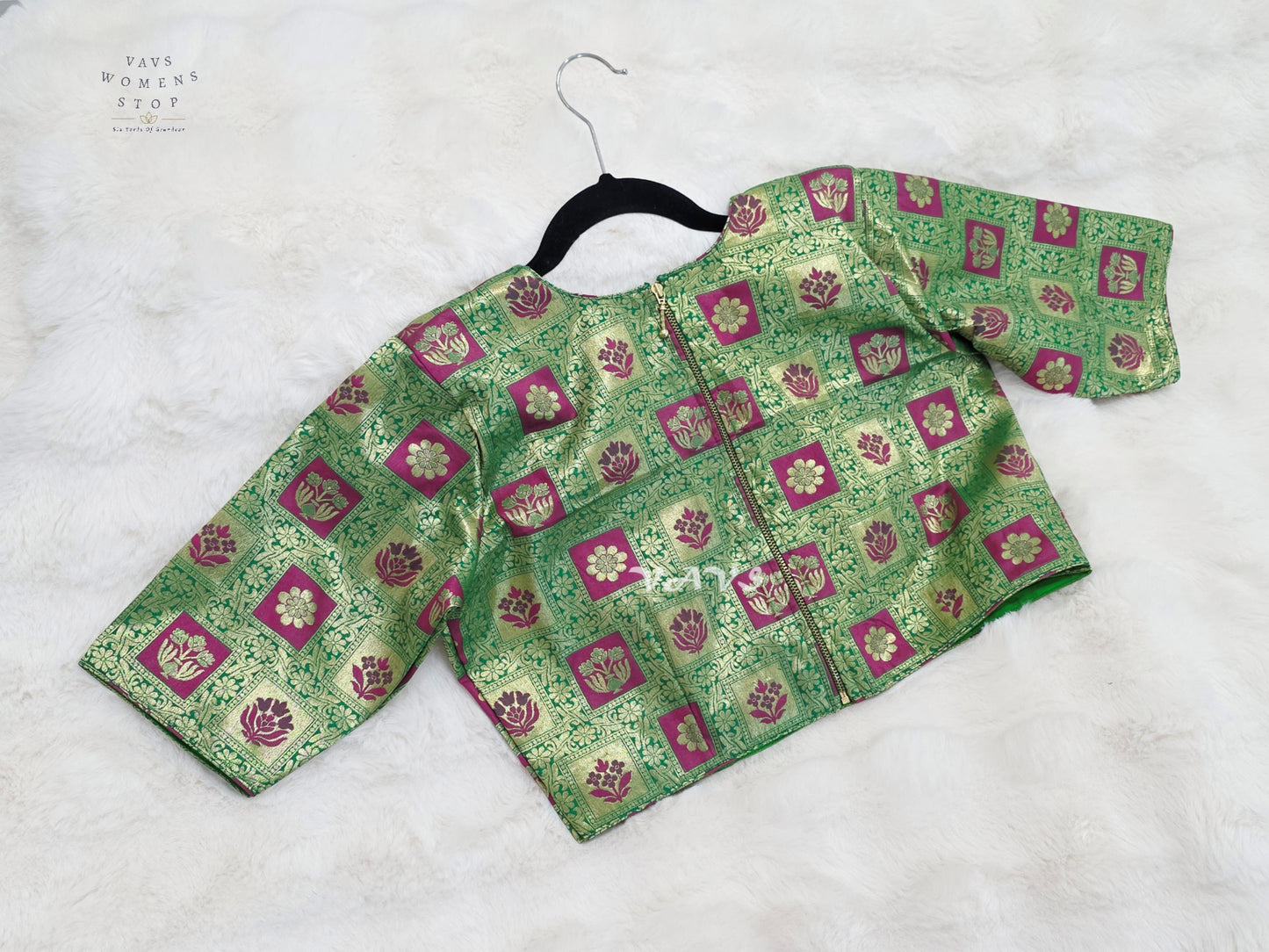 Emerald Green Banarasi Brocade Floral Blouse | Size 40–46