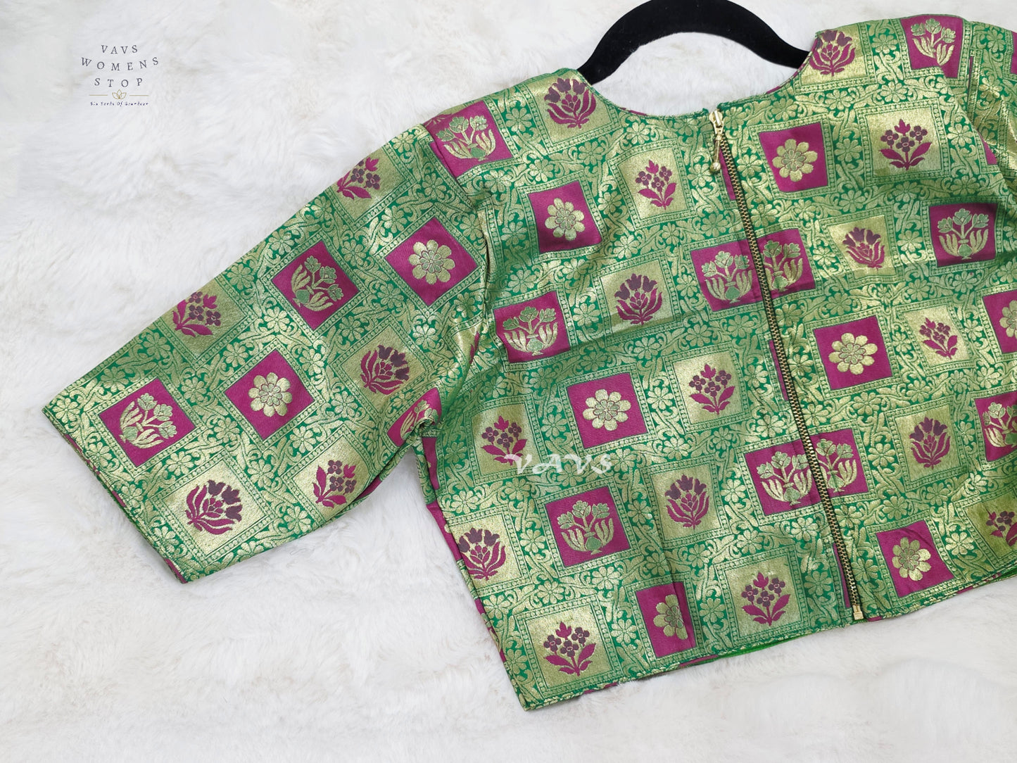Emerald Green Banarasi Brocade Floral Blouse | Size 40–46