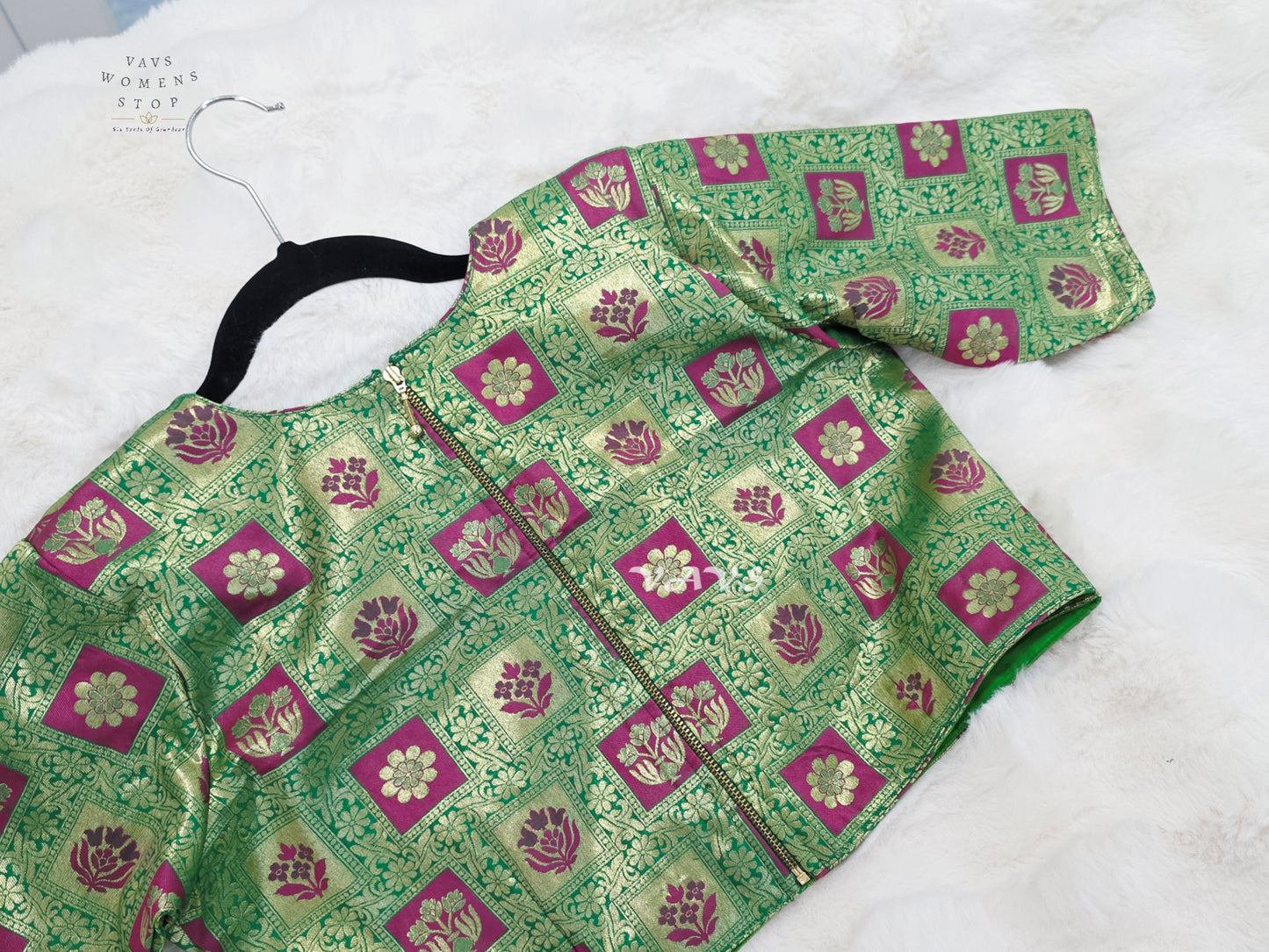 Emerald Green Banarasi Brocade Floral Blouse | Size 40–46