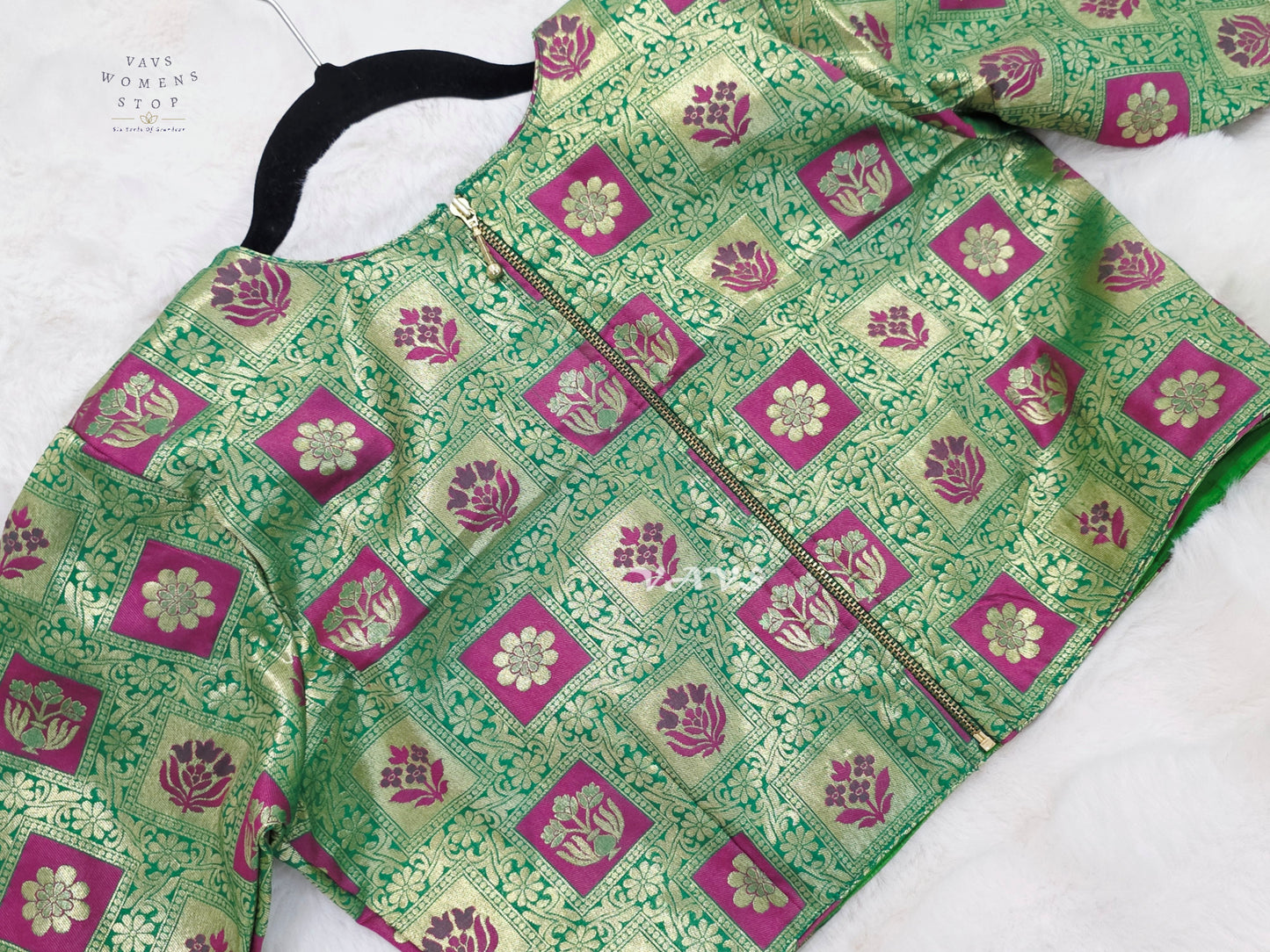 Emerald Green Banarasi Brocade Floral Blouse | Size 40–46
