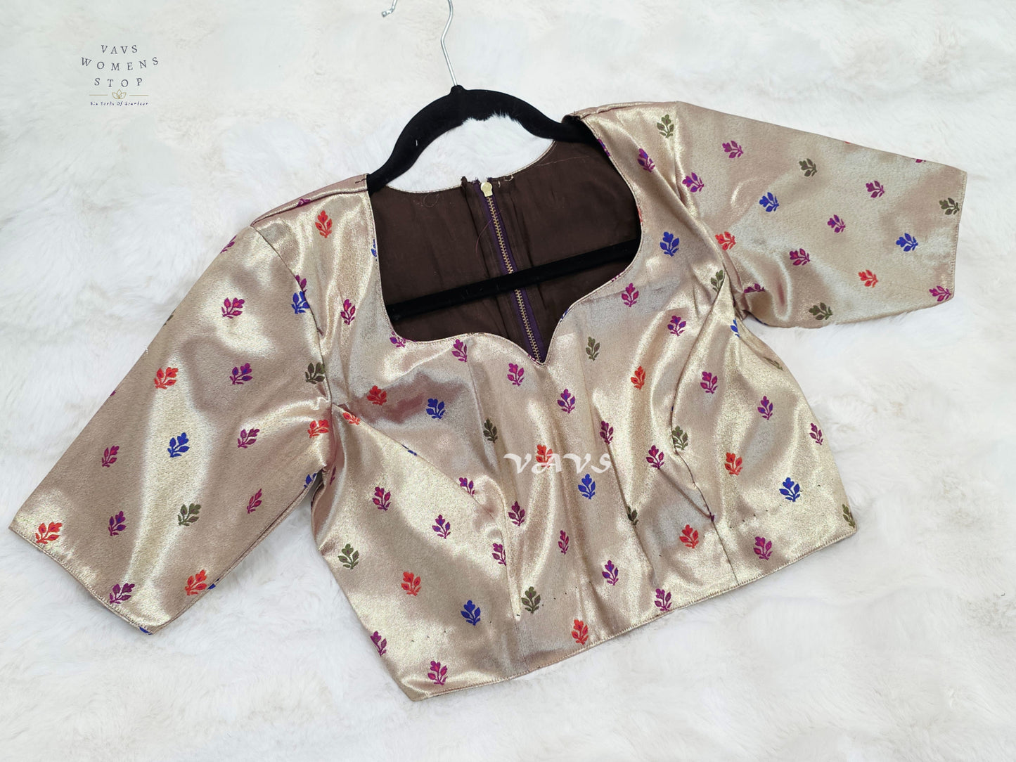 Rose Gold Tissue Banarasi Paithani Butta Blouse | Size 36–42