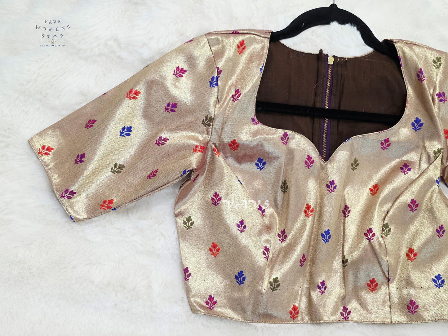 Rose Gold Tissue Banarasi Paithani Butta Blouse | Size 36–42
