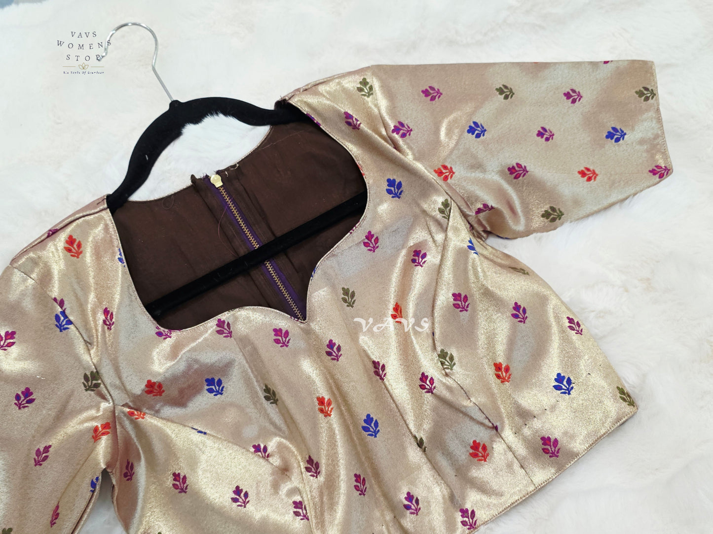 Rose Gold Tissue Banarasi Paithani Butta Blouse | Size 36–42