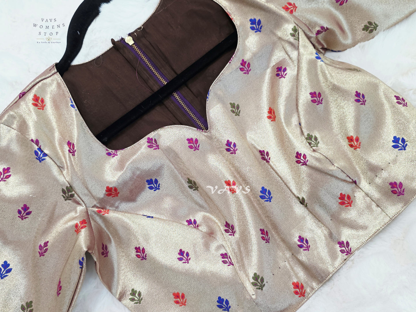 Rose Gold Tissue Banarasi Paithani Butta Blouse | Size 36–42