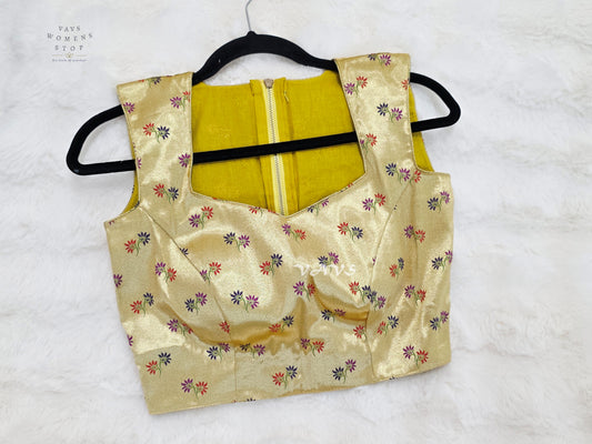 Ivory Gold Tissue Banarasi Sleeveless Blouse | Size 34–40