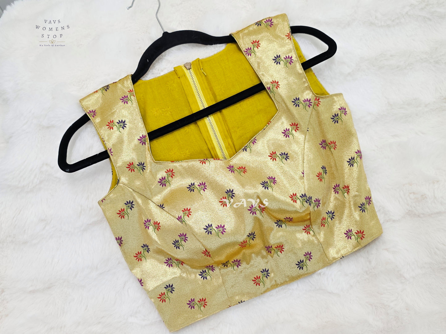 Ivory Gold Tissue Banarasi Sleeveless Blouse | Size 34–40