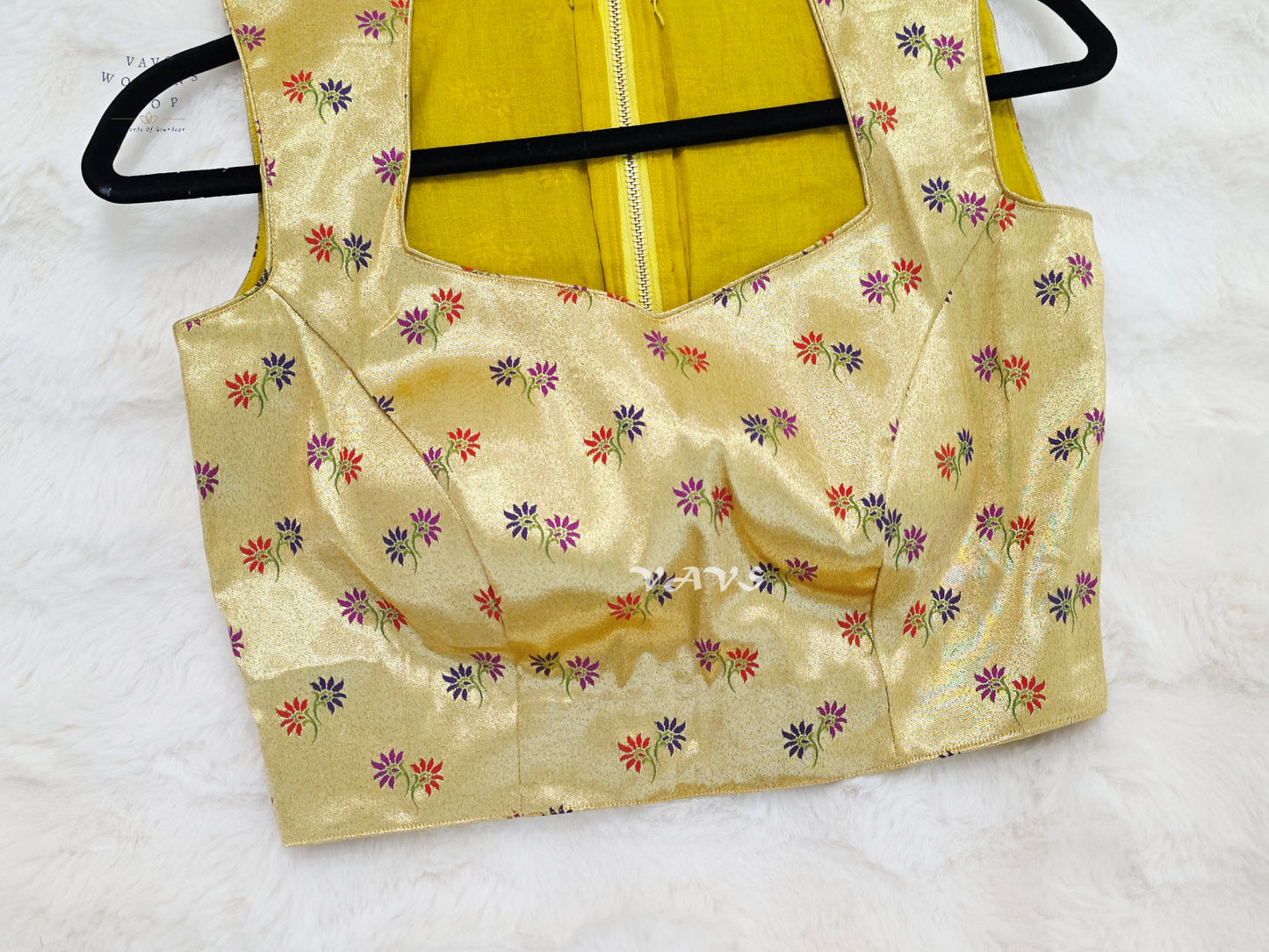 Ivory Gold Tissue Banarasi Sleeveless Blouse | Size 34–40