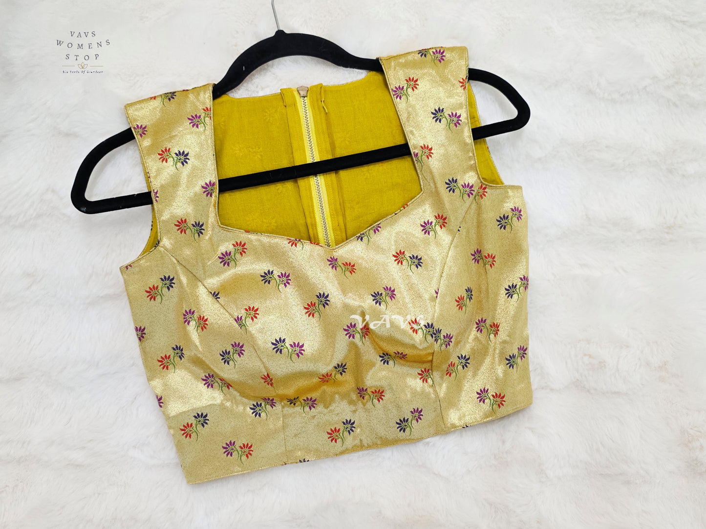 Ivory Gold Tissue Banarasi Sleeveless Blouse | Size 34–40