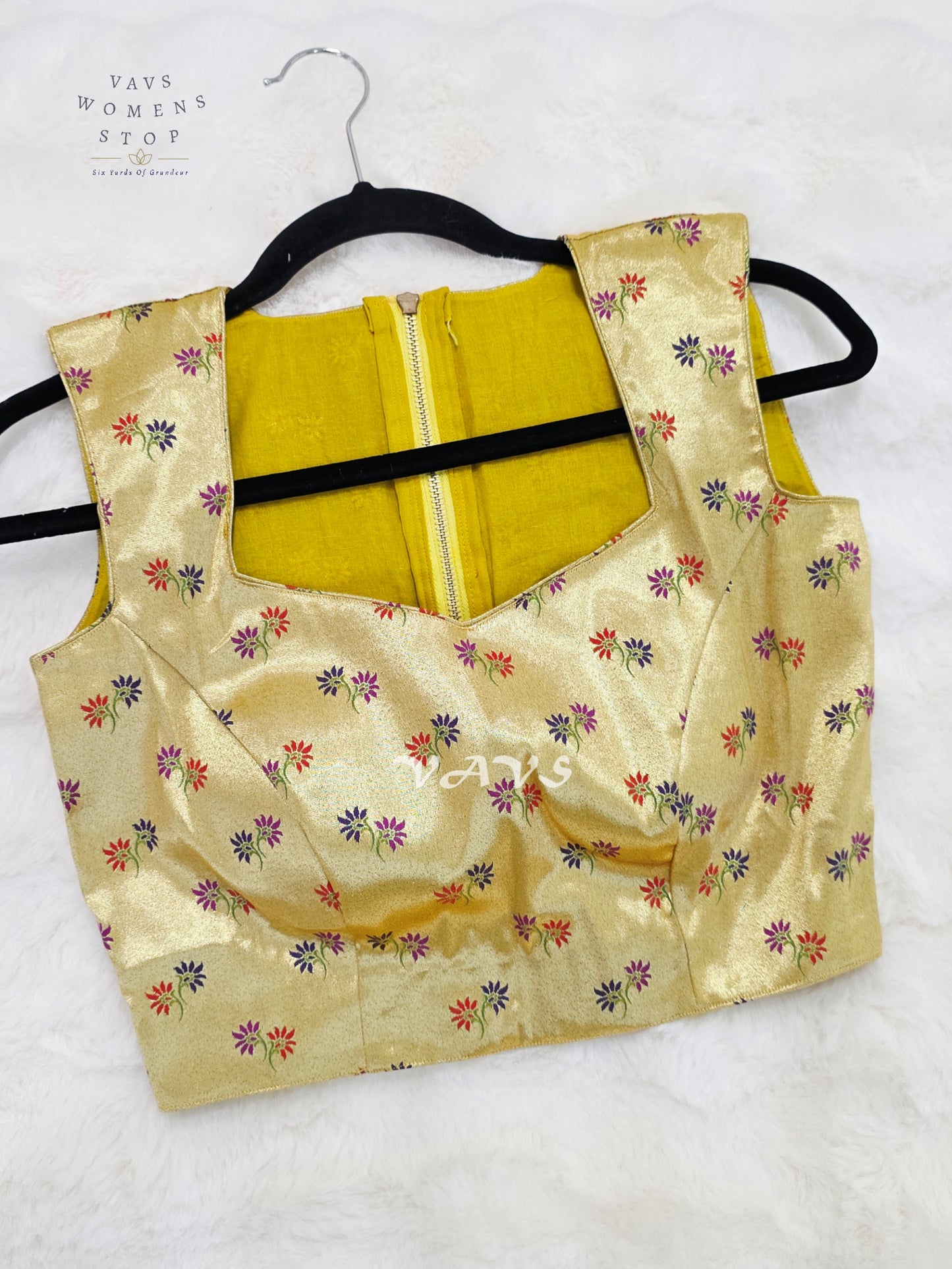 Ivory Gold Tissue Banarasi Sleeveless Blouse | Size 34–40
