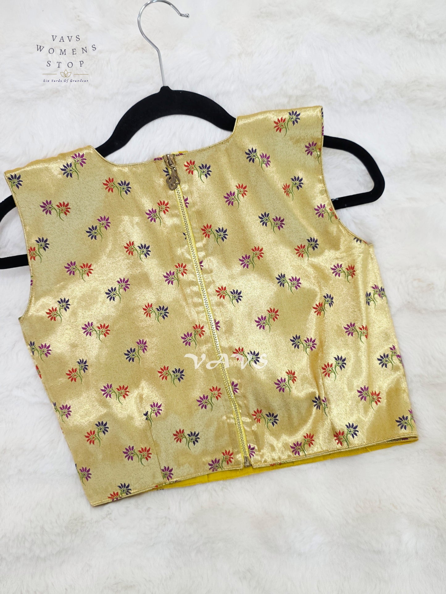 Ivory Gold Tissue Banarasi Sleeveless Blouse | Size 34–40