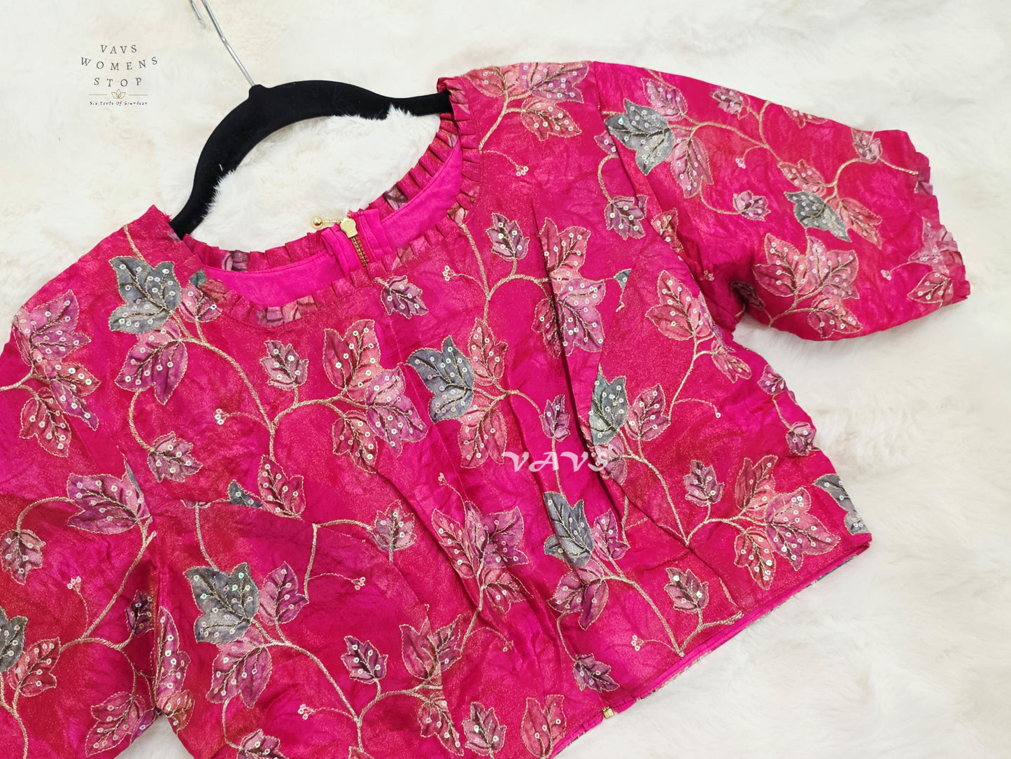 Rani Pink Tissue Floral Sequin Embroidered Blouse | Size 36–42