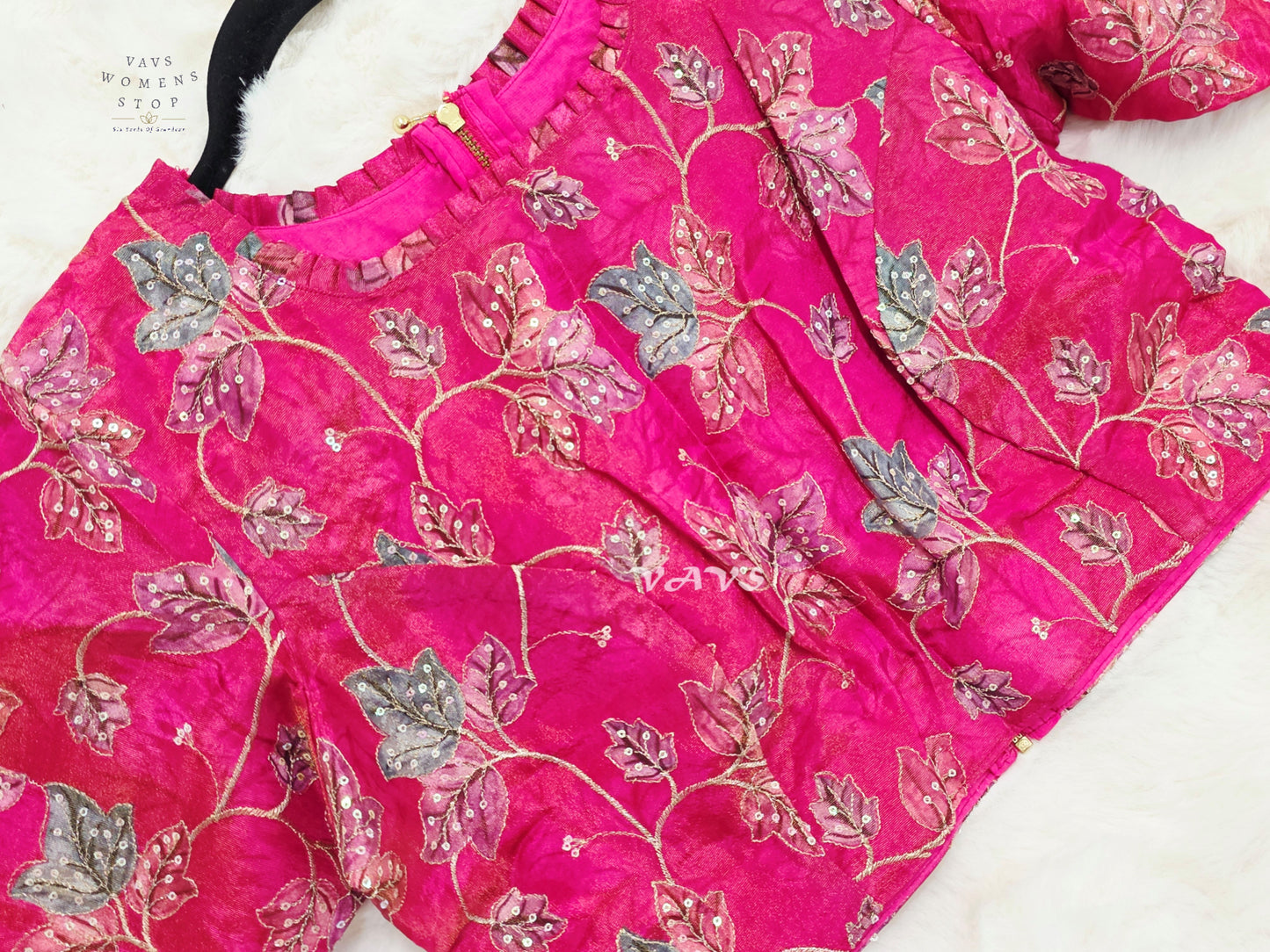 Rani Pink Tissue Floral Sequin Embroidered Blouse | Size 36–42