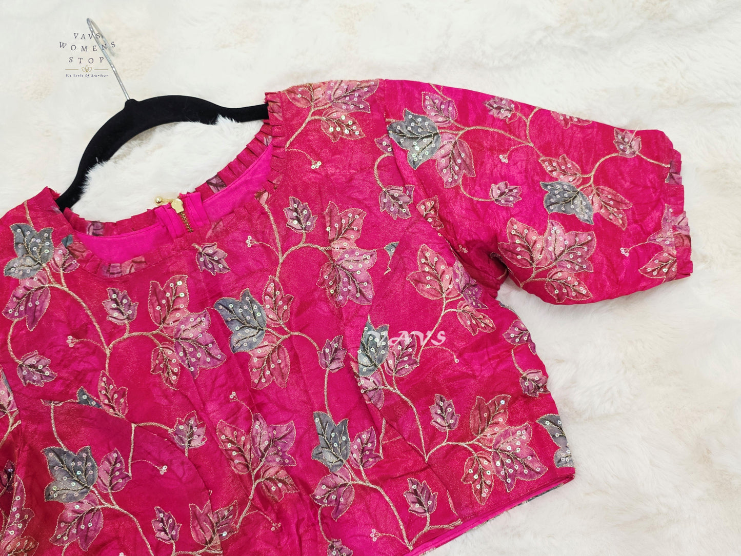 Rani Pink Tissue Floral Sequin Embroidered Blouse | Size 36–42