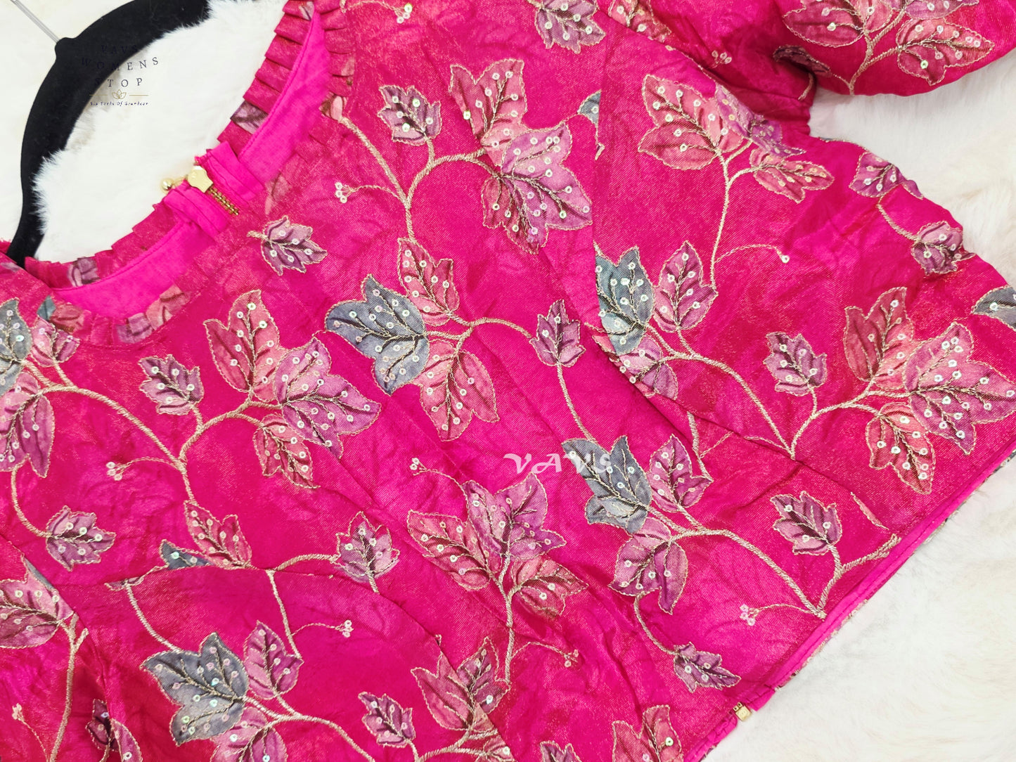 Rani Pink Tissue Floral Sequin Embroidered Blouse | Size 36–42
