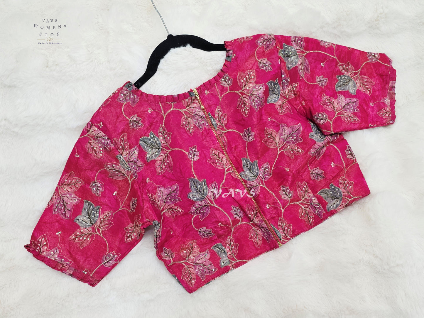 Rani Pink Tissue Floral Sequin Embroidered Blouse | Size 36–42