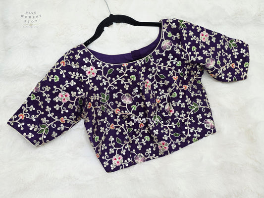 Royal Aubergine Space Silk Floral Embroidered Blouse | Size 34–40