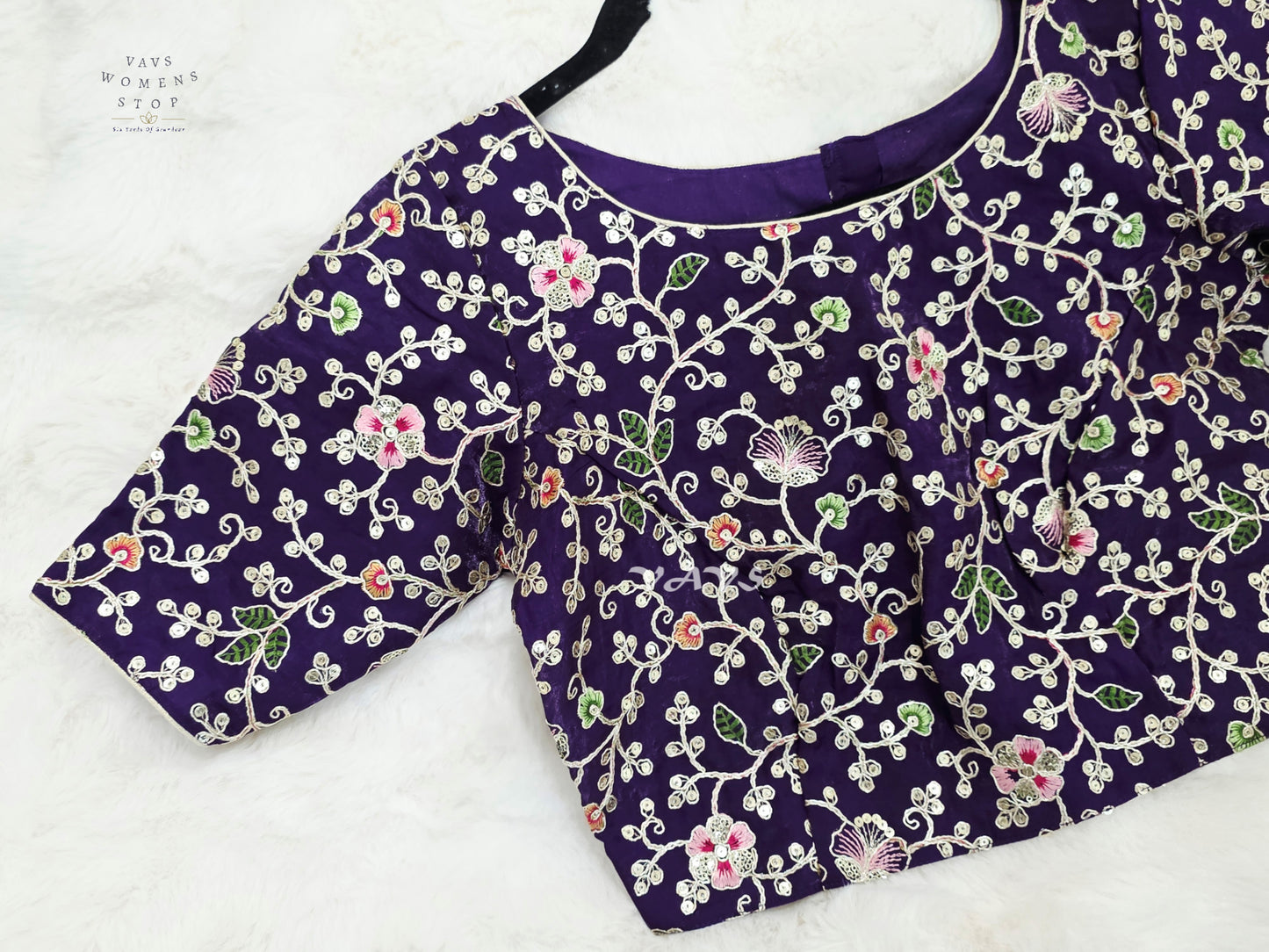 Royal Aubergine Space Silk Floral Embroidered Blouse | Size 34–40