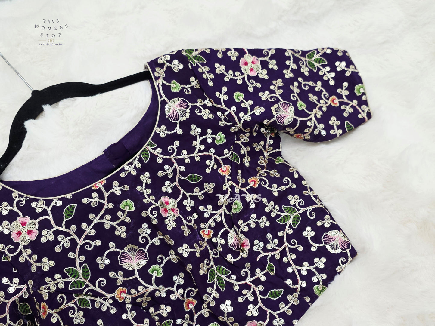 Royal Aubergine Space Silk Floral Embroidered Blouse | Size 34–40