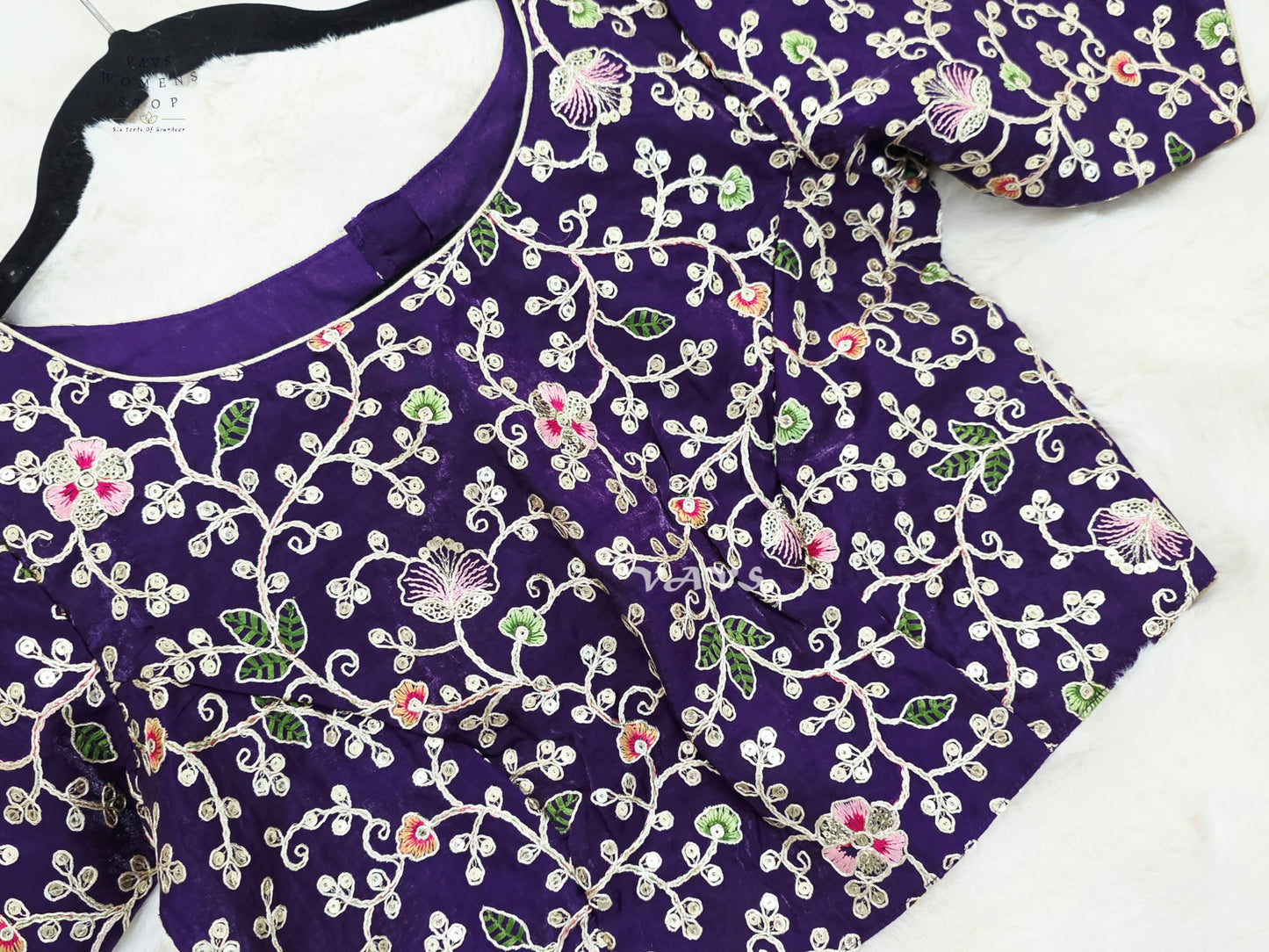 Royal Aubergine Space Silk Floral Embroidered Blouse | Size 34–40