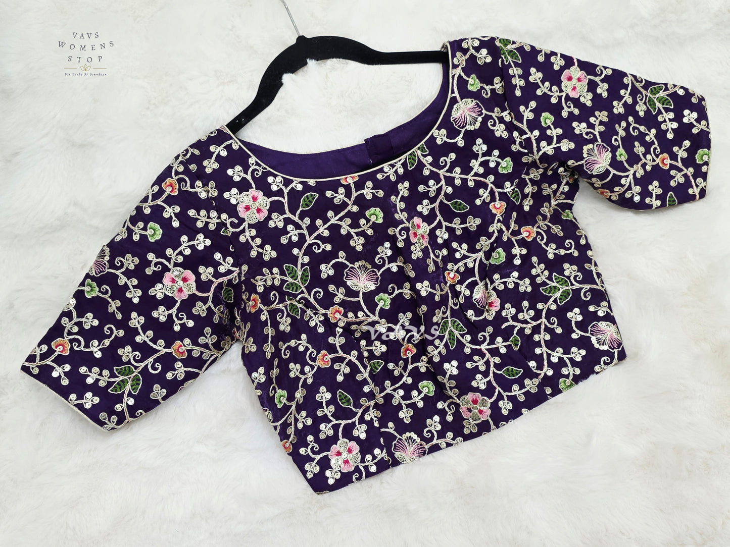 Royal Aubergine Space Silk Floral Embroidered Blouse | Size 34–40