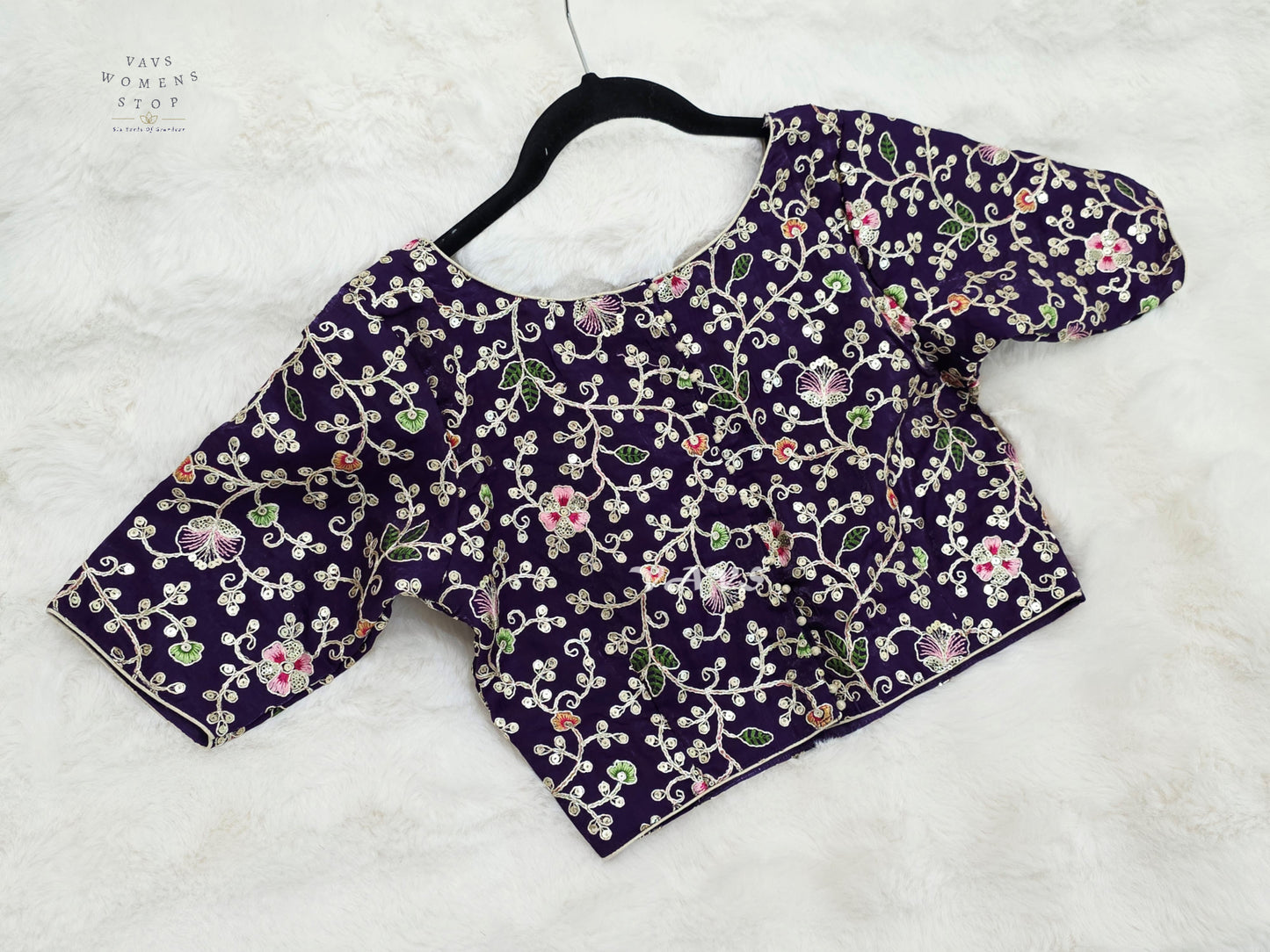 Royal Aubergine Space Silk Floral Embroidered Blouse | Size 34–40