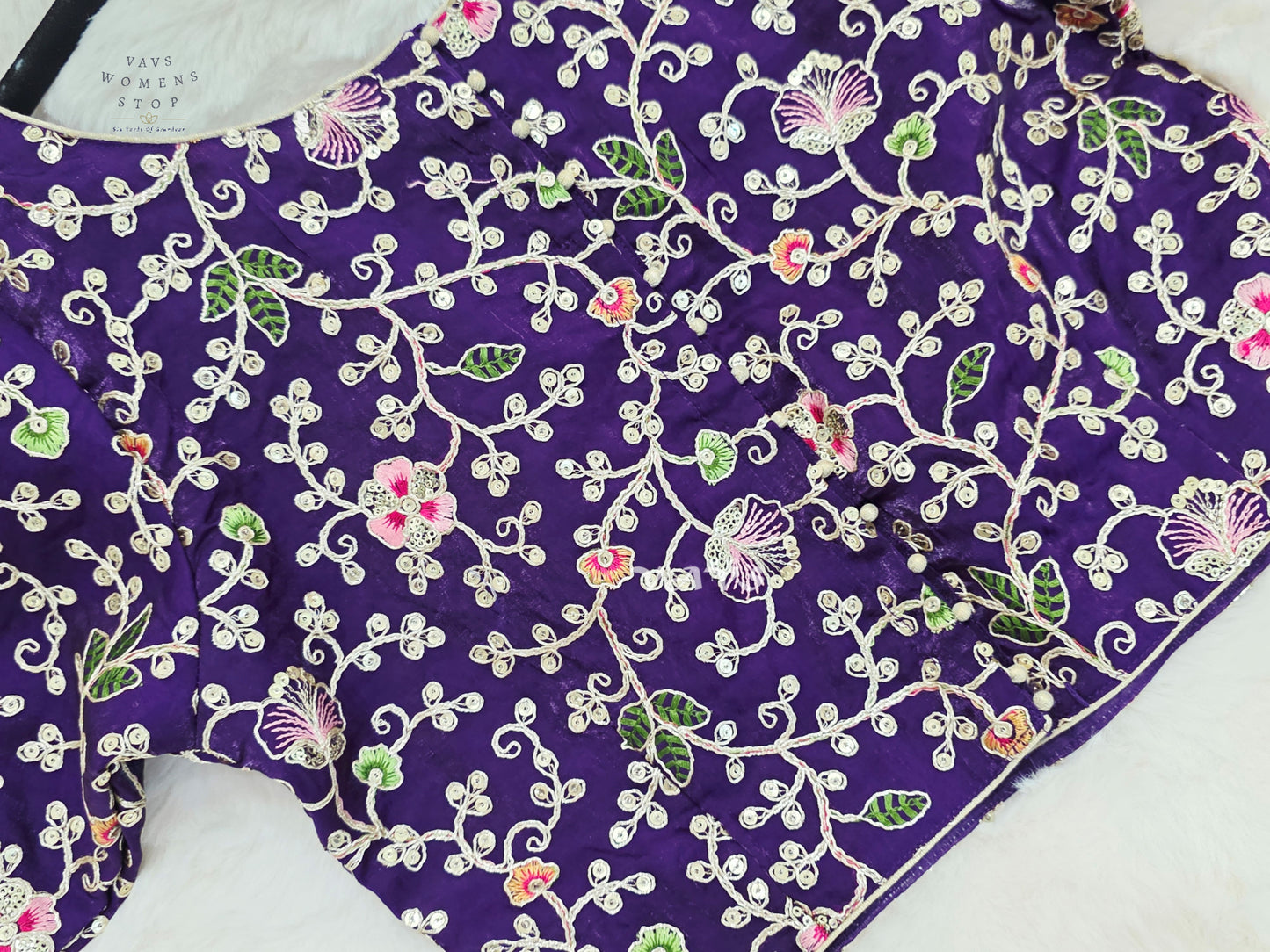 Royal Aubergine Space Silk Floral Embroidered Blouse | Size 34–40