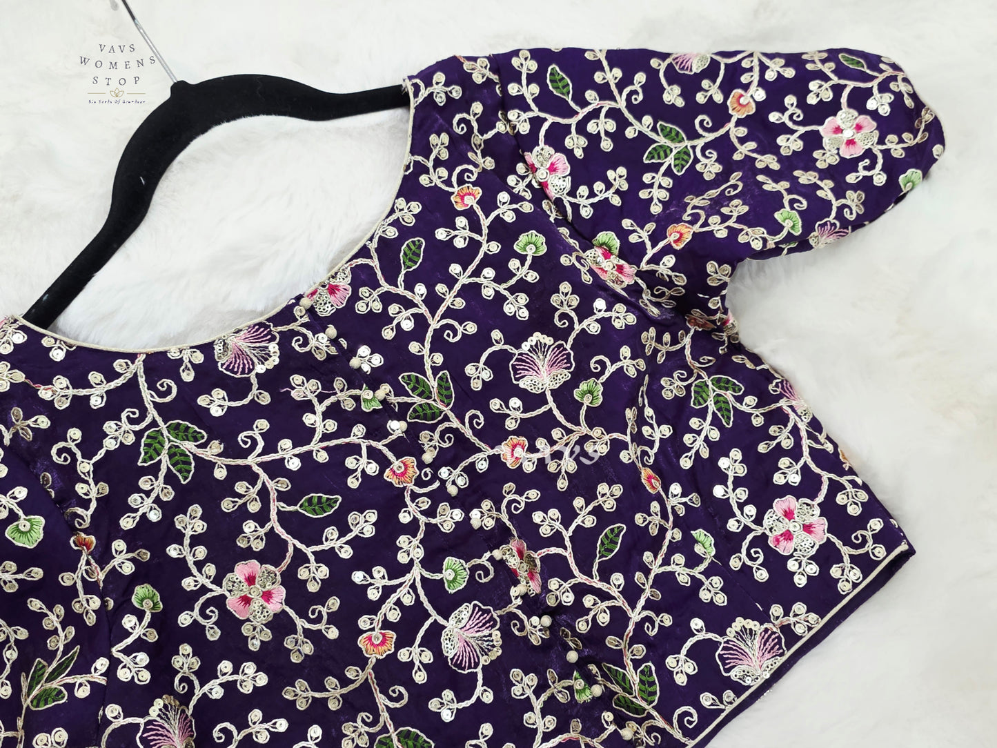Royal Aubergine Space Silk Floral Embroidered Blouse | Size 34–40